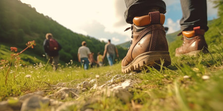 Back view of a group of a tourists hiking in a summer mountains, Generative AIの素材