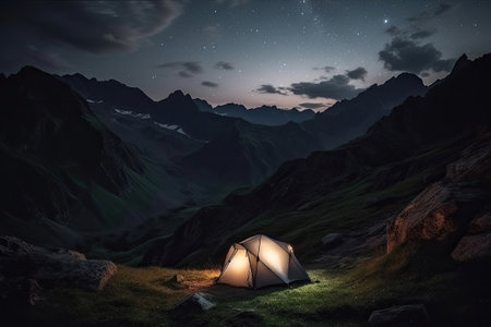 Tent in a mountains at night, Generative AIの素材