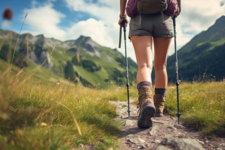 Back view of a woman hiking alone in a summer mountains with trekking poles, Generative AIの素材