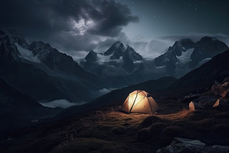 Tent in a mountains at night, Generative AIの素材