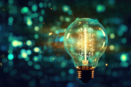 Light bulb on abstract dark digital background, Generative AIの素材