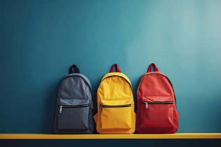 Three school backpacks, back to school concept, Generative AIの素材
