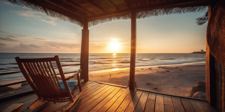 View of the sunset over the sea from the wooden veranda with an armchair, Generative AIの素材
