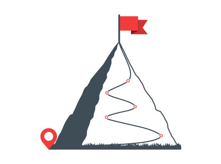 Mountain with red flag and with route to the top, vector eps10 illustrationのイラスト素材