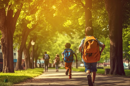 Boys running to school through the park, Generative AIの素材