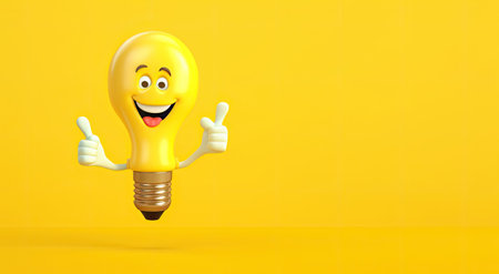 Cartoon smiling light bulb on yellow background, creative idea concept, Generative AIの素材