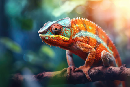 Close-up of colorful chameleon on the branch, Generative AIの素材