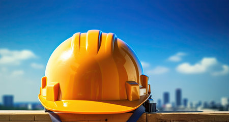 Safety helmet at construction, blue sky background, Generative AIの素材