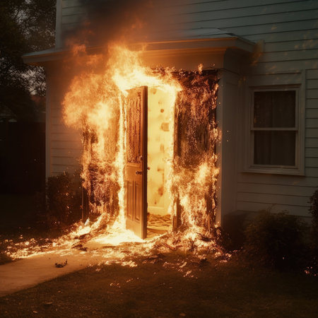 Burning entrance door of a house, Generative AIの素材