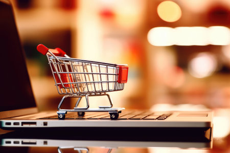 Shopping cart on a laptop, online shopping concept, Generative AIの素材
