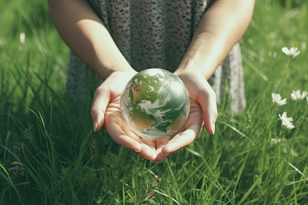 Human's hands holding Earth in summer field, Earth day and ecology concepts, Generative AIの素材