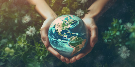 Human's hands holding Earth in summer field, Earth day and ecology concepts, Generative AIの素材