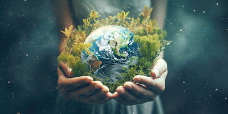 Human's hands holding Earth surrounded with branches, Earth day and ecology concepts, Generative AIの素材
