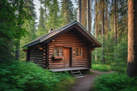 Wooden house in green forest, Generative AIの素材