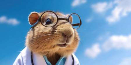 Portrait of a cute capibara like a doctor on blue sky background, Generative AIの素材