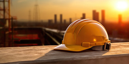Safety helmet at construction, sunset, Generative AIの素材