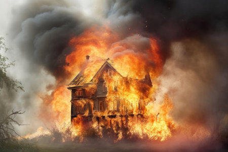 House fully covered with flame and smoke, Generative AIの素材