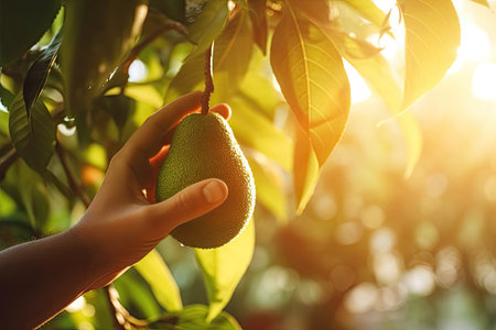 Hand holding ripe avocado on a tree, Generative AIの素材