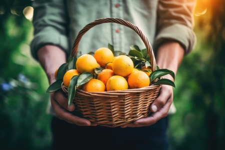 Man holding basket full of ripe oranges in a garden, front view, close-up, Generative AIの素材