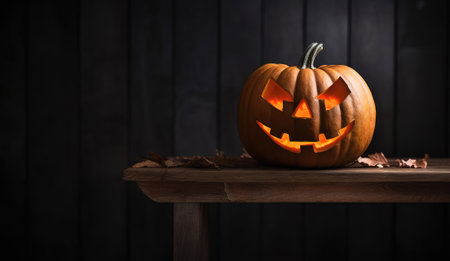 Halloween pumpkin on wooden table, Generative AIの素材