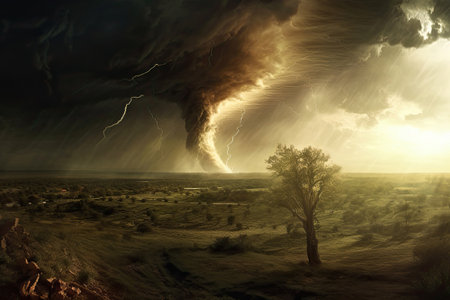 Tornado and lightnings in the field, Generative AIの素材