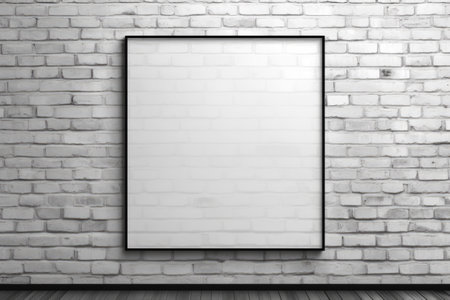 Blank white banner with black frame on grey brick wall, mockup, Generative AIの素材
