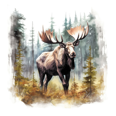 Illustration of a moose in a forest, Generative AIの素材