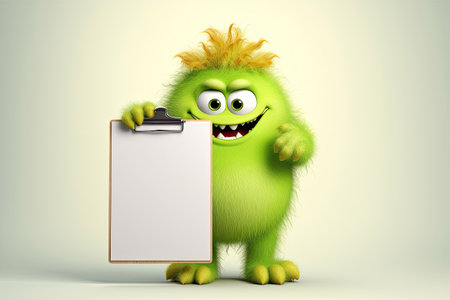 Cute green monster holding clipboard with blank white paper, Generative AIの素材