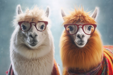 Two alpacas wearing glasses, Generative AIの素材