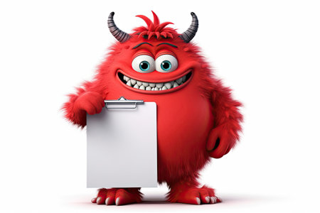 Cute red monster holding clipboard with blank white paper, Generative AIの素材