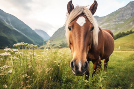 Close-up of a horse grazing in a green meadow, Generative AIの素材