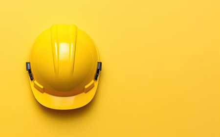 Yellow safety helmet on yellow background, top view, Generative AIの素材