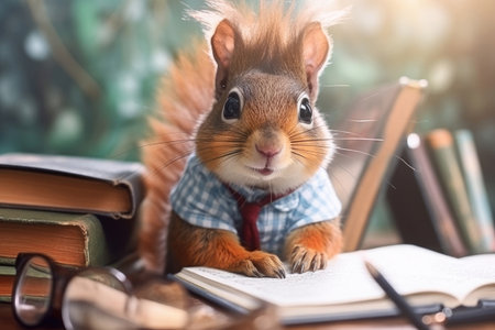 Squirrel with reading book, Generative AIの素材