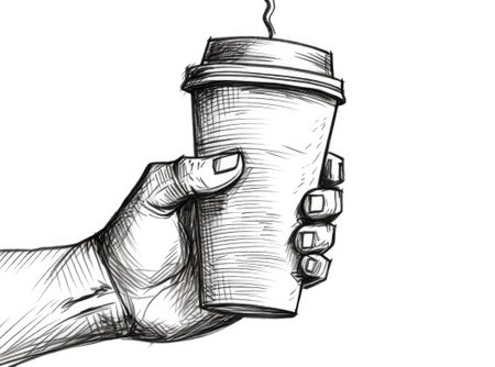 Hand holding coffee to go cup, pencil sketch, Generative AIの素材