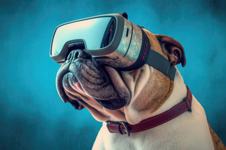 Bulldog wearing vr headset, innovation virtual reality technology concept, Generative AIの素材