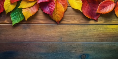 Wood background with autumn leaves, Generative AIの素材
