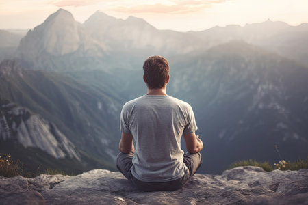 Back view of a man doing yoga in the mountains, Generative AIの素材