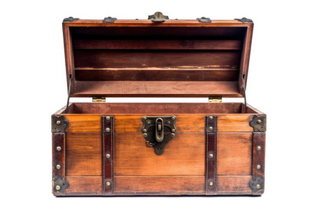 Open wooden chest isolated on white background, Generative AIの素材