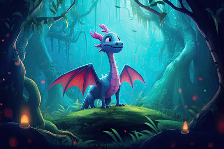 Illustration of a dragon in magical forest, Generative AIの素材