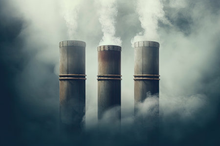 Three factory tubes with smoke, Generative AIの素材
