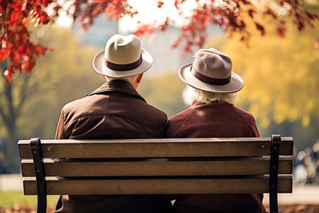 Back view of senior couple sitting on a bench in an autumn park, Generative AIの素材