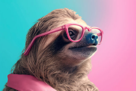 Portrait of a sloth wearing pink glasses, Generative AIの素材