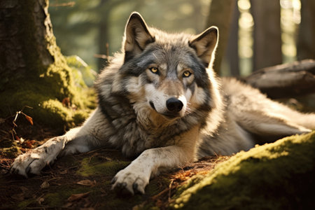 Close-up of a wolf having a rest in a forest, Generative AIの素材