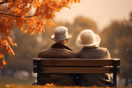 Back view of senior couple sitting on a bench in an autumn park, Generative AIの素材