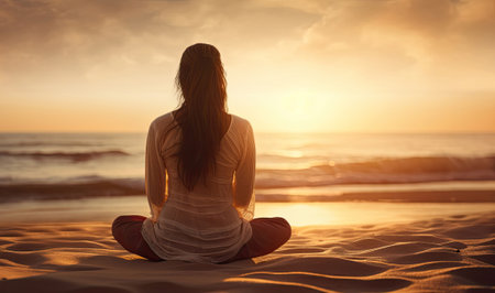 Back view of a woman meditating on the beach at sunset, Generative AIの素材