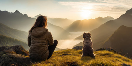Woman with a dog in a mountains looking at beautiful sunrise, Generative AIの素材