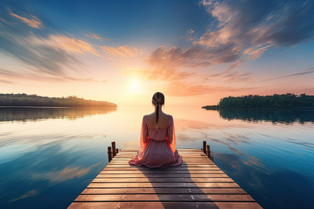 Back view of a woman meditating on the dock on the lake, Generative AIの素材