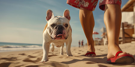 Man with bulldog walking on the beach, Generative AIの素材