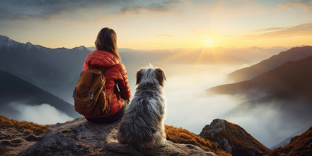 Woman with a dog in a mountains looking at beautiful sunrise, Generative AIの素材