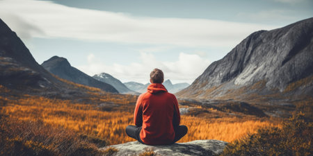 Back view of a man sitting in yoga pose in mountains, Generative AIの素材